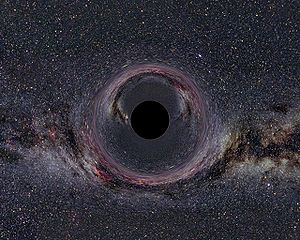 Probabile aspetto di un buco nero, se posto davanti ad uno sfondo ricco di stelle