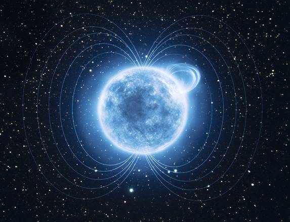 La magnetar SGR 0418+5729. In alto a destra la regione della stella che ha fatto registrate il campo magnetico più intenso dell’universo. Elaborazione grafica (fonte: ESA-ATG Medialab)