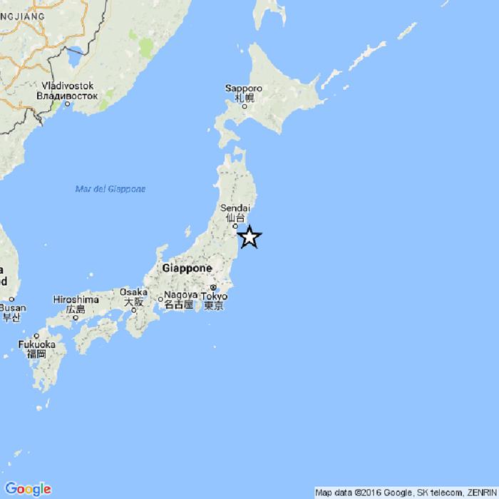 Nella cartina dell'Ingv l'epicentro del sisma che si è verificato al largo della costa orientale della prefettura giapponese di Fukushima, 21 novembre 2016.